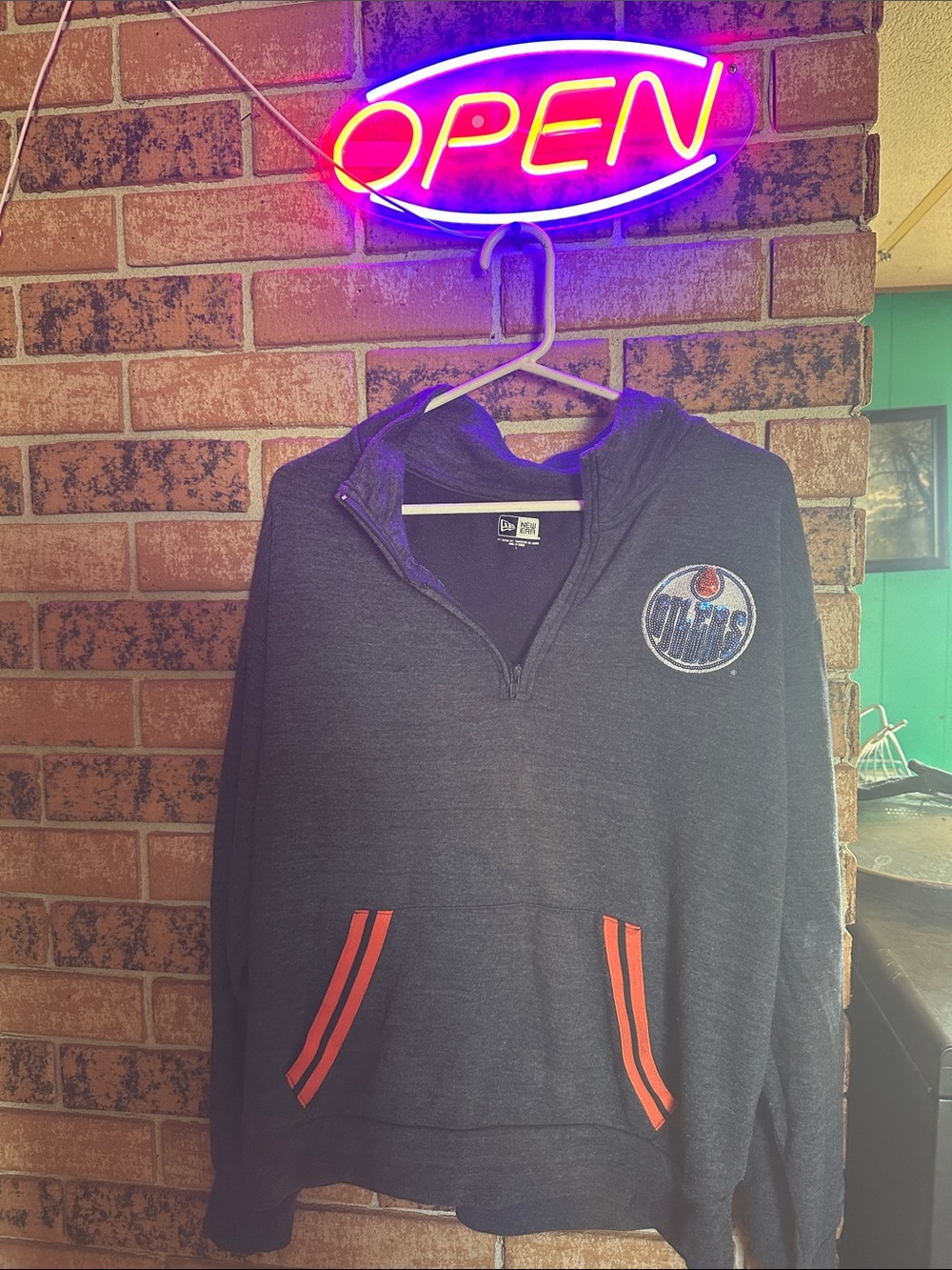 NHL Edmonton Oilers Navy Hoodie with Orange Stripe Accents